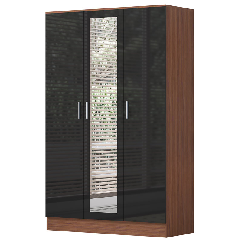 Eva High Gloss Mirrored 3 Door Wardrobe - H: 180cm x D: 47cm x W: 113cm, Walnut/Gloss Black