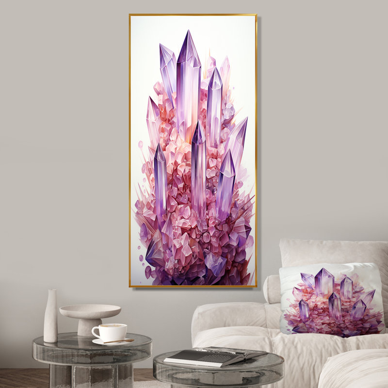 «Pink Amethyst Geode Essence 1», art mural pierre géode, Cadre flottant doré, H 60 po x l 28 po