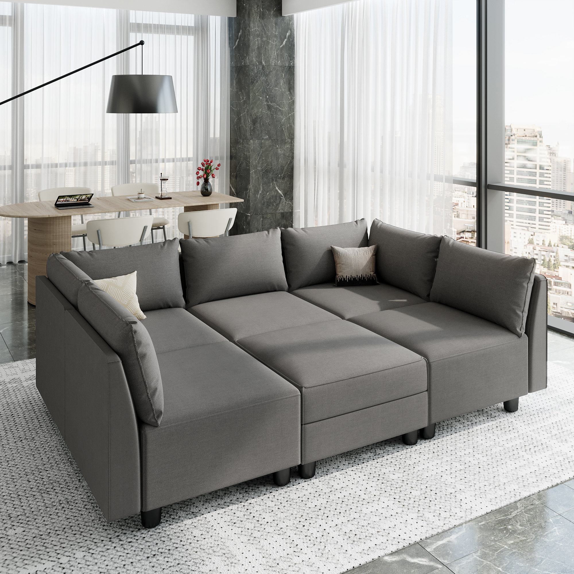 Latitude Run® Linen Modular Sectional Sleeper Sofa Extra Deep Seats Couch with Storage Ottomans