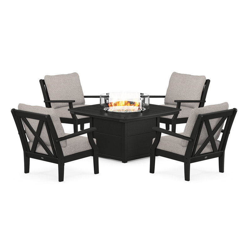 Braxton 5-Piece Deep Seating Conversation Set with Fire Pit Table, Weathered Tweed, Black