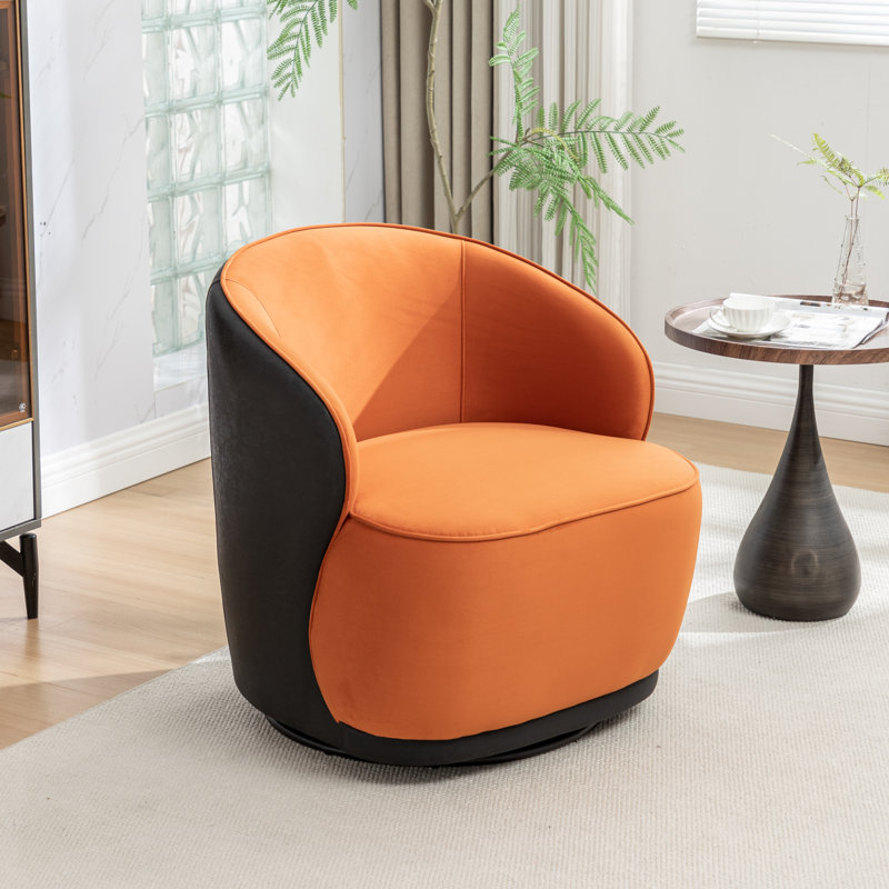 Fauteuil demi-tonneau pivotant en velours Stith, Velours noir / orange