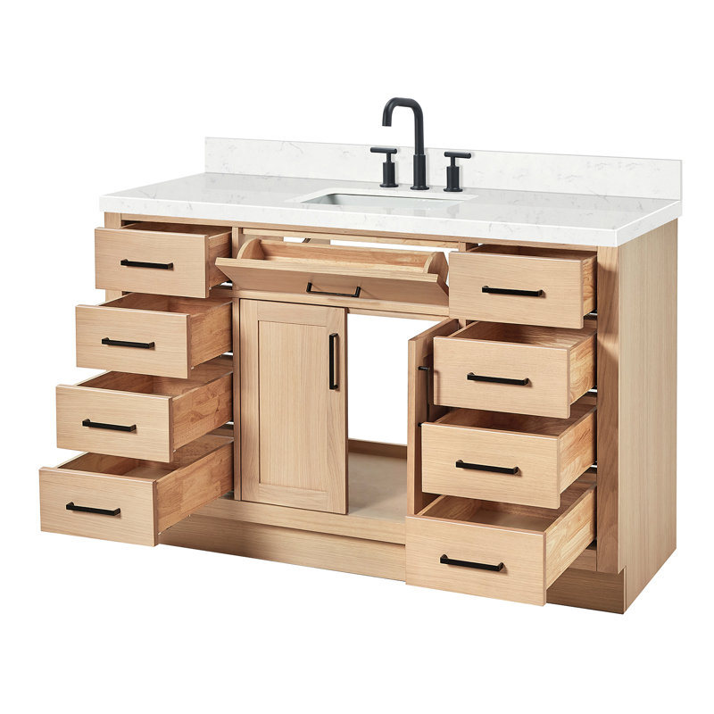 Tidworth 54'' Solid Wood Single Bathroom Vanity with 1.5'' Carrara Quartz Top Sink, Rectangular, Natural Oak / Matte Black