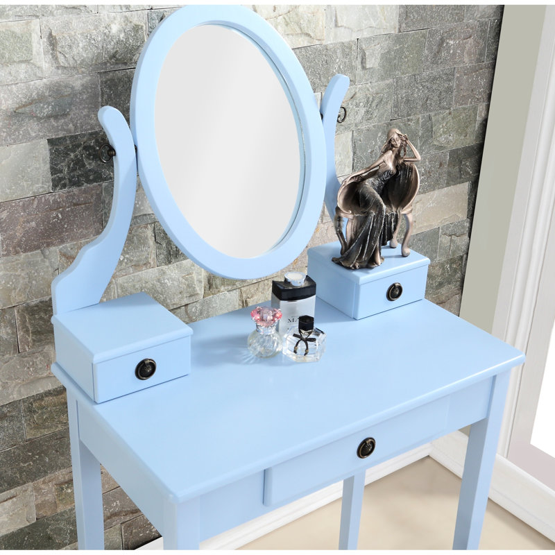 Coiffeuse bleue avec tabouret - rangement à 3 tiroirs, miroir ovale réglable, bureau en bois et miroir avec tiroirs de rangement