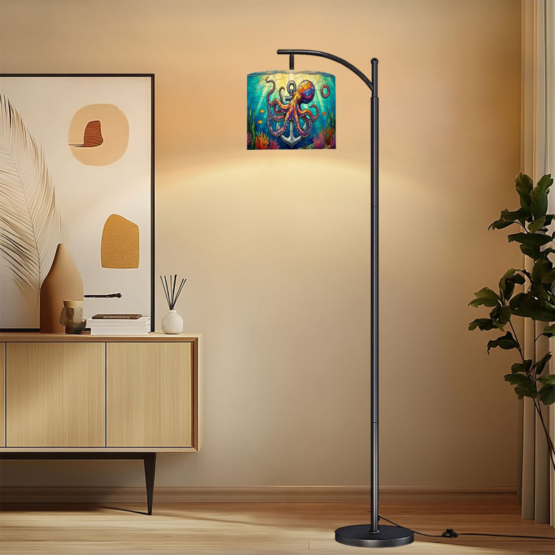 Lampe sur pied à arc avec abat-jour réglable en vitrail pieuvre ancre coraux vie marine lampe sur pied 3 températures de couleur à intensité variable haute lampe sur pied avec interrupteur au pied pour la chambre à coucher