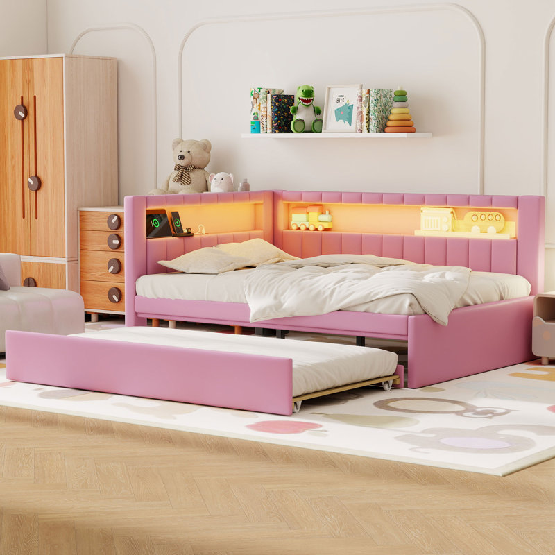 Upholstered Corner Daybed With Trundle and Outlets, Pink