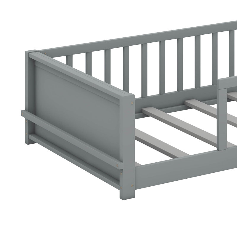 Twin Floor Bed Frame With Rails And Built-In Book Rack, Gray