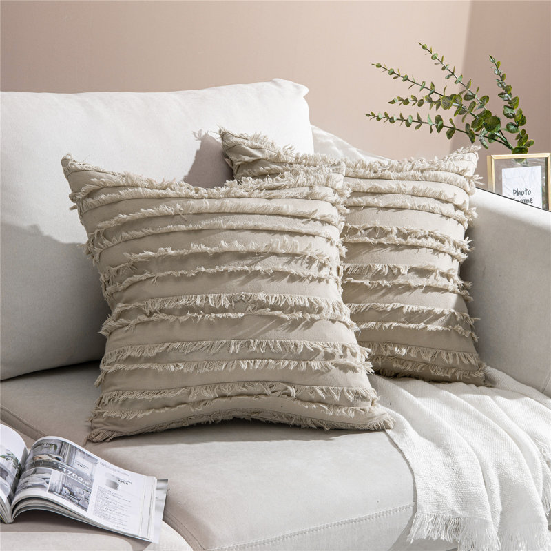 Khaki Cotton and Polyester Euro Pillow Covers with Tassels, Set of 2