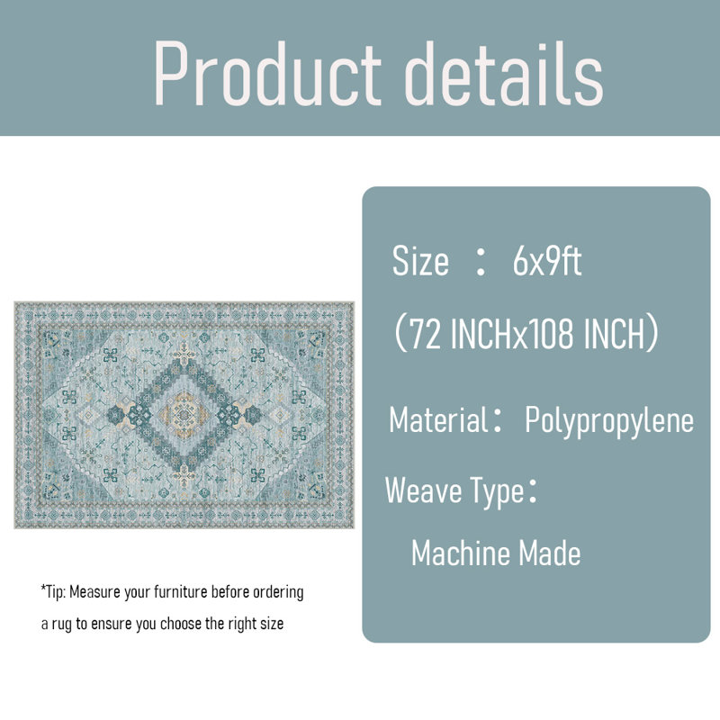 Tapis à poils courts, lavable à la machine, pliable, Rectangle 6 pi x 9 pi