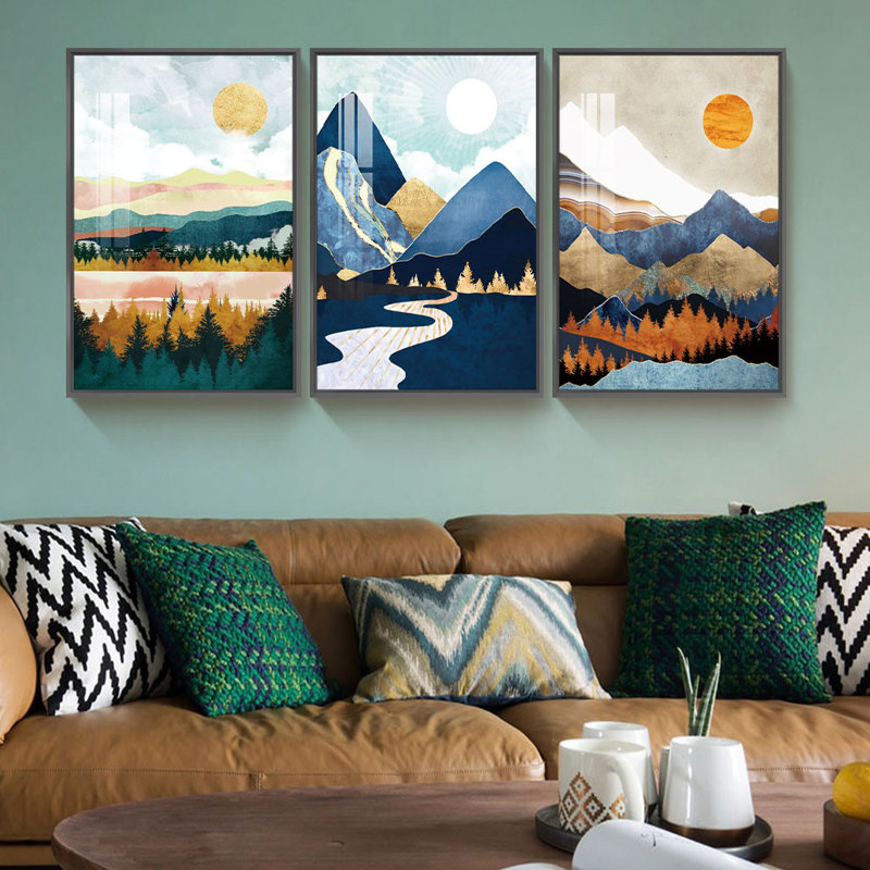 Framed Nature Landscape Wall Art - 3 Piece Single Picture Frame Painting Set on Canvas, Black