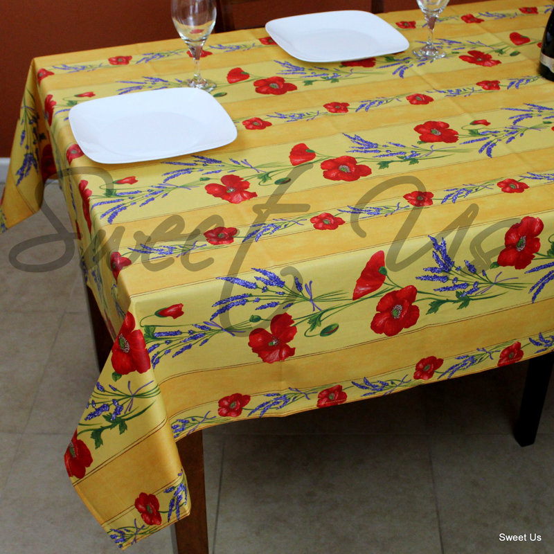 Wipeable Stain Resistant Acrylic Coated Cotton French Provencal Poppy Floral Tablecloth, 78" x 60", Yellow