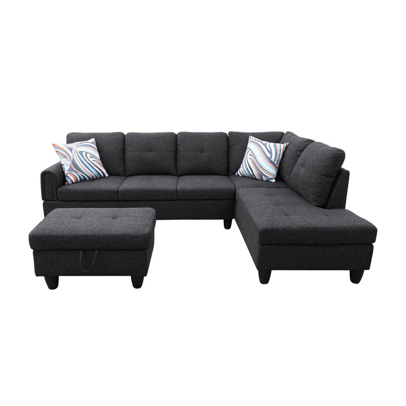 Canapé modulaire rembourré 3 pièces avec méridienne et repose-pieds, Tissu gris foncé, Accoudoir à droite (vu de face)