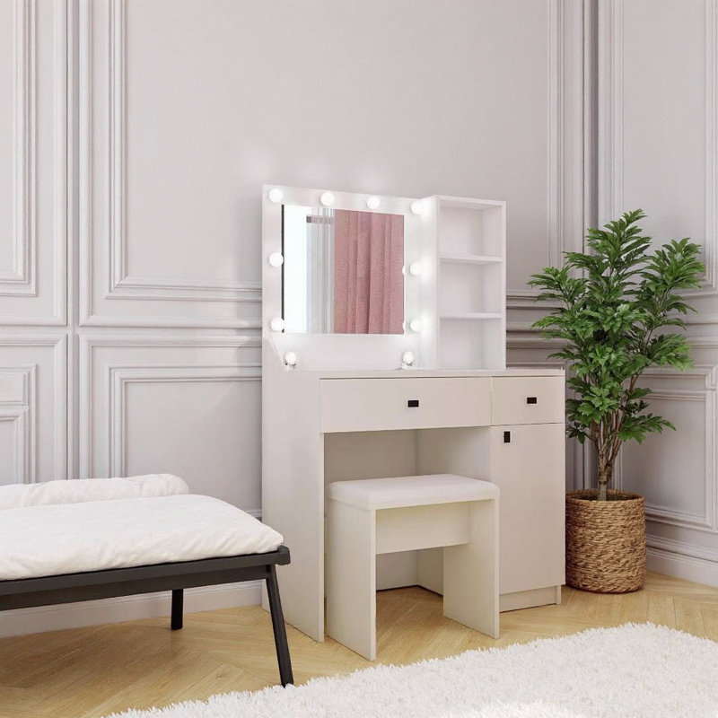 Meuble-lavabo blanc 35 po - Miroir carré inclinable à 90 °, 3 niveaux de DEL tactile, miroir caché derrière une tablette, 2 tiroirs profonds + armoire, casiers ouverts