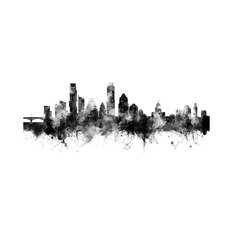 Austin, Texas, horizon, noir et blanc, H 40 po x l 60 po x 1,5 po, Austin