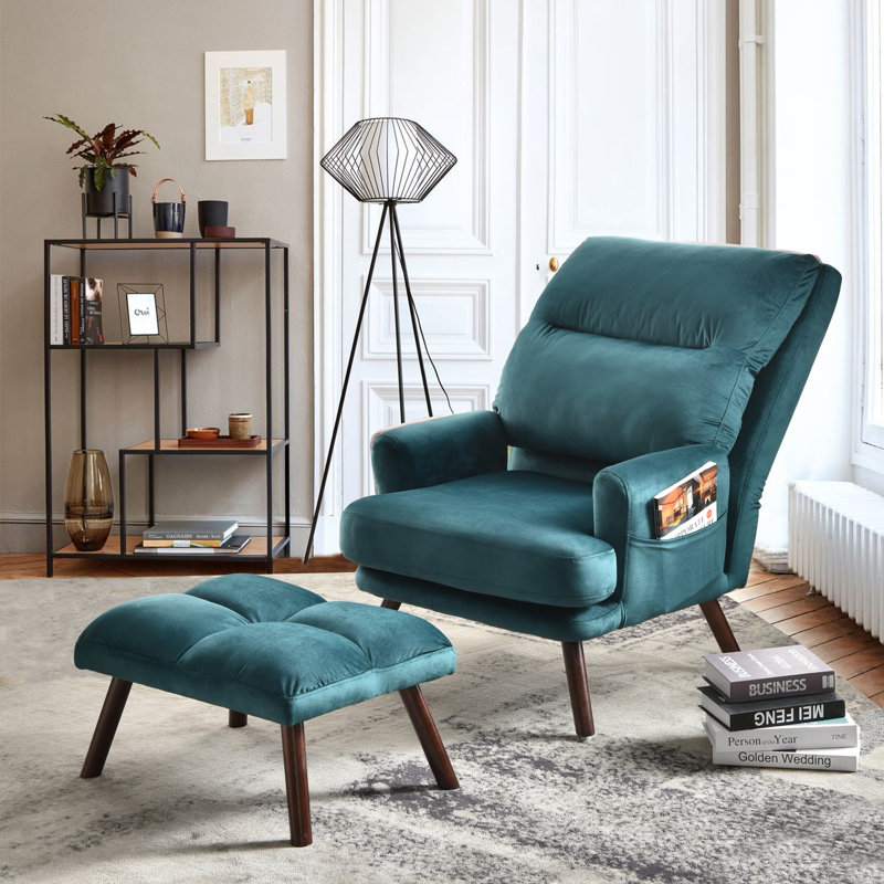 Méridienne large et repose-pieds 29,52 po Hogle, Velours vert foncé, Bois brun foncé
