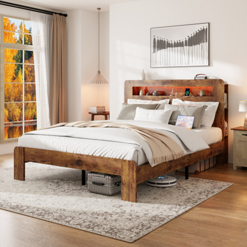 Queen size bed with Storage LED Light Headboard and 2 USB, Dark Brown