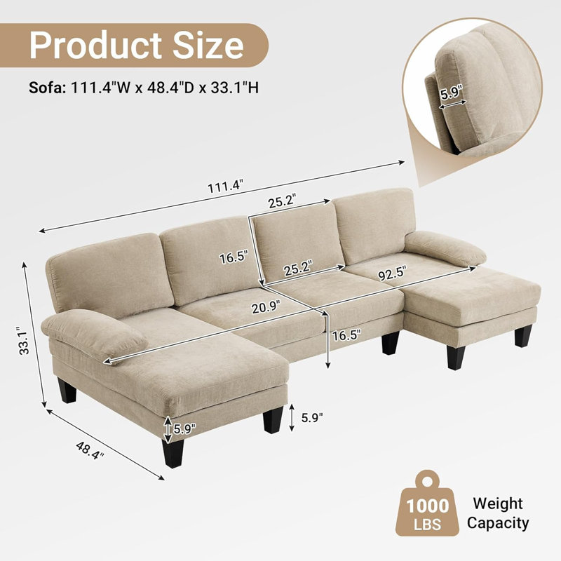George Oliver 111‘W U-Shaped Sectional, Kakhi Chenille