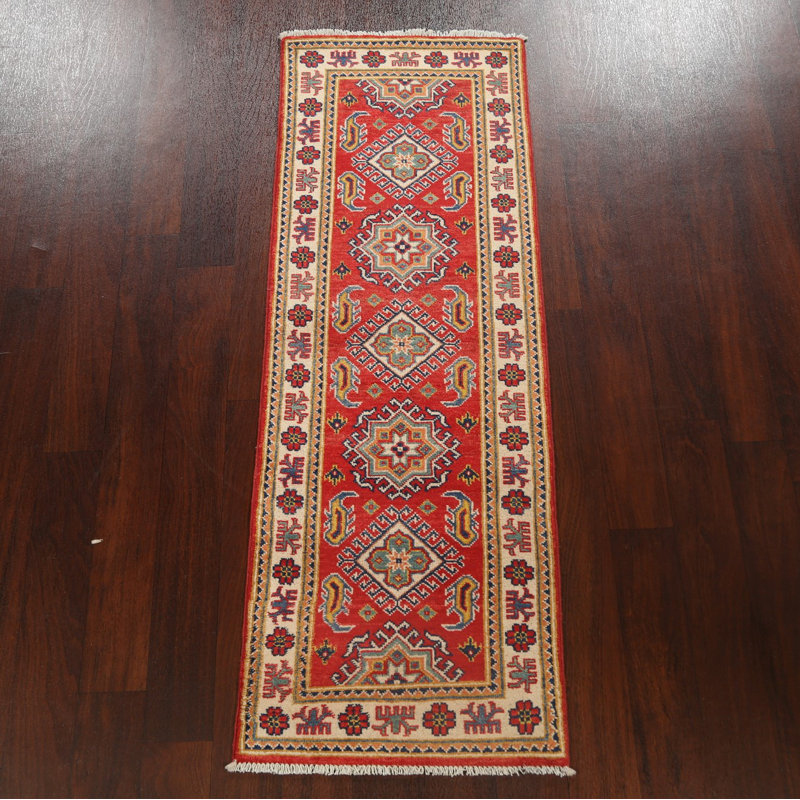 Tapis de couloir rouge en laine noué à la main de conception unique 1 pi 11 po x 5 pi 7 po New Age