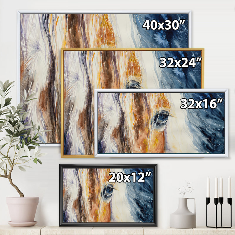 Gros plan sur un magnifique œil de cheval I - peinture sur toile, H 30 po x l 40 po x p 1 po, Toile avec cadre noir