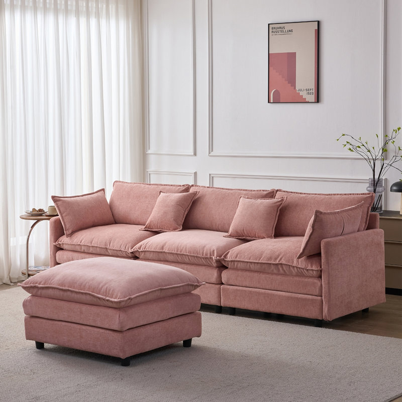105" Modular Sectional Couch,Upholstered Soft Chenille Fabric Sofa,3 Seater with Ottoman, Pink