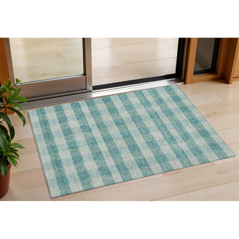 3' X 5' Teal Blue And Ivory Plaid Washable Indoor Outdoor Area Rug