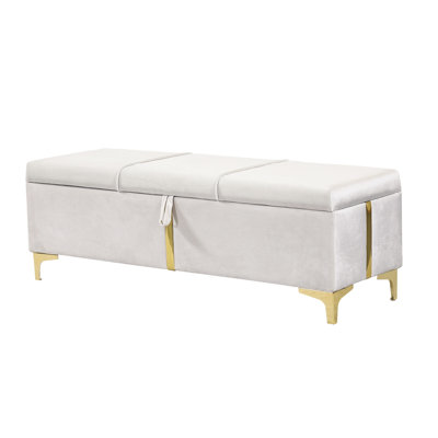 Elegant Beige Storage Bench, Metal Legs, Bedroom And Living Room Addition, Comfortable Seating, Gold Strip Aesthetics, Almost Fully Up Upholstered With Bench For Room, Simple Lines, Smooth Interior,