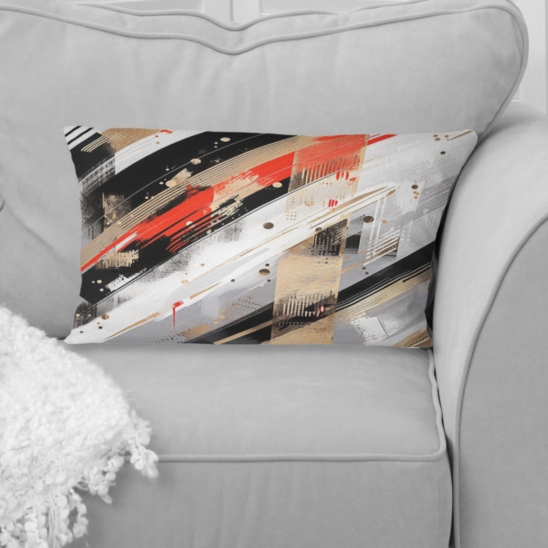 Coussin décoratif rouge et doré à motif abstrait cubique II