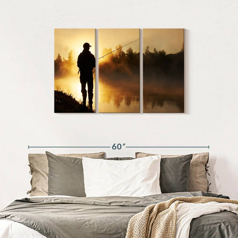 «Foggy Riverbank Fishing», 3 pièces sur toile, H 28 po x l 45 po x P 1,25 po