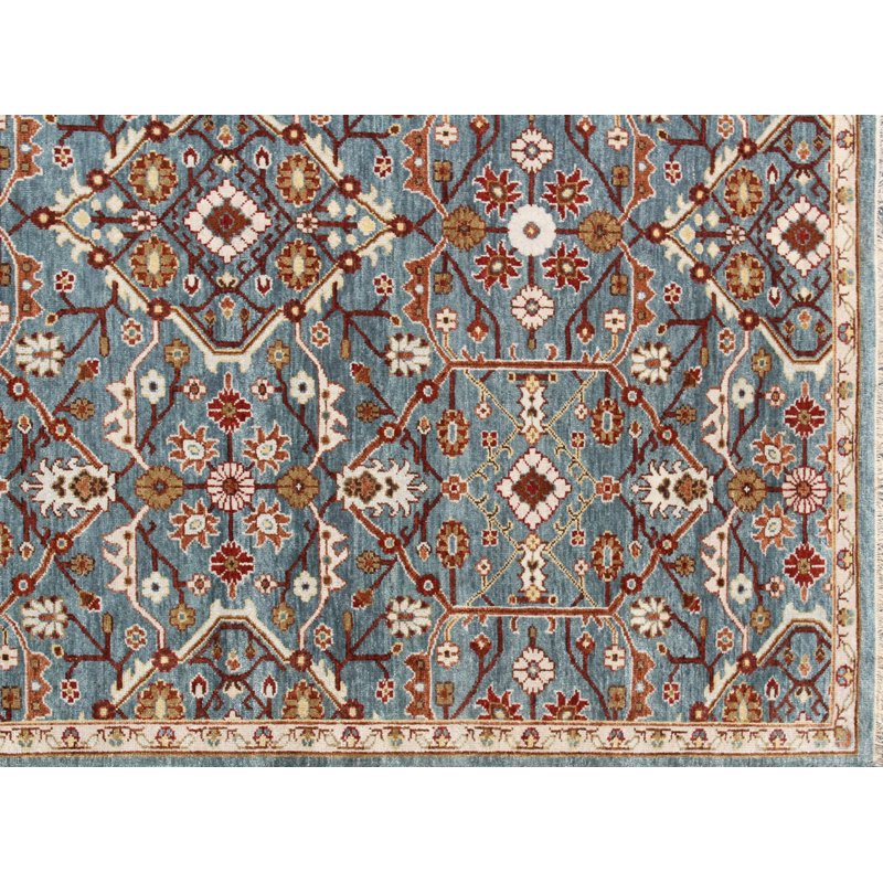 Tapis traditionnel en laine bleue à motif floral, fait main | Tapis de style persan transitionnel pour salon et chambre