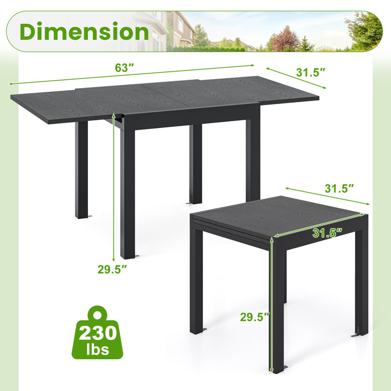 Patio Expandable Dining Table  31.5”-63” Adjustable Rectangular All Weather Aluminum Outdoor Dining Table For 4-6 Person