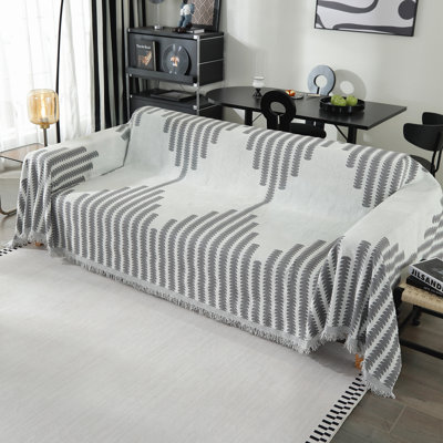  Reversible Chenille Sofa Cover, Geometric Jacquard Pattern Sofa Slipcover with Tassel, Washable Couch Cover Modern Furniture Protector Pet-Friendly, 71"X102" Grey