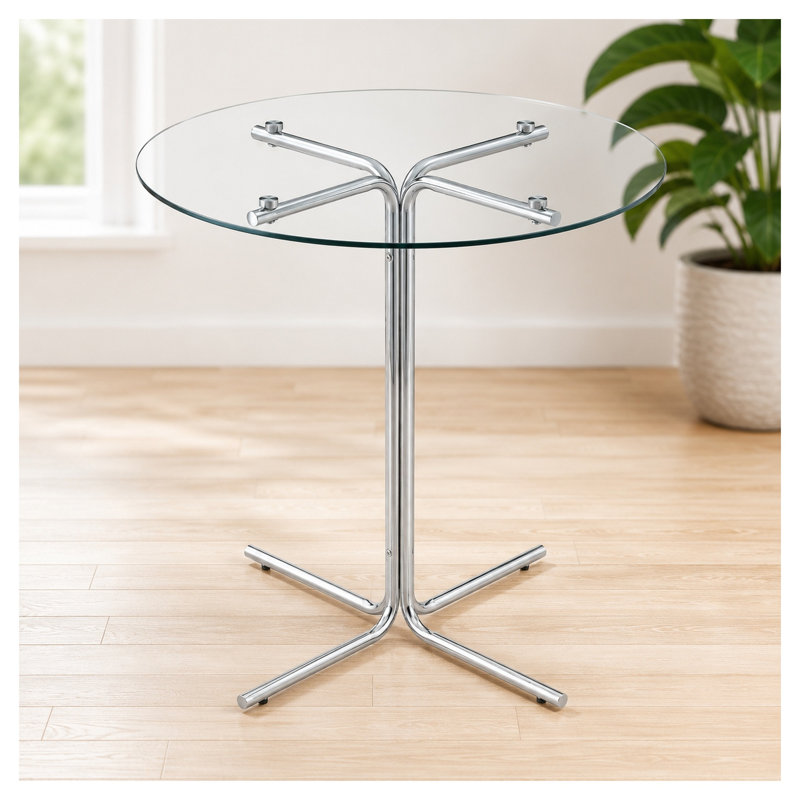 Table de bar ronde en verre de 91 cm (36 pouces) avec base chromée et plateau en verre trempé, hauteur du pub, idéale pour les petits espaces.