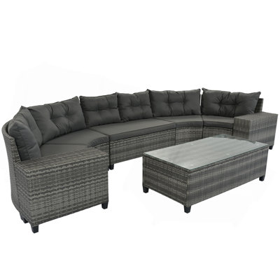 8-pieces Outdoor Wicker Round Sofa Set, Half-Moon Sectional Sets All Weather, Curved Sofa Set With Rectangular Coffee Table, PE Rattan, Movable Cushion, Gray