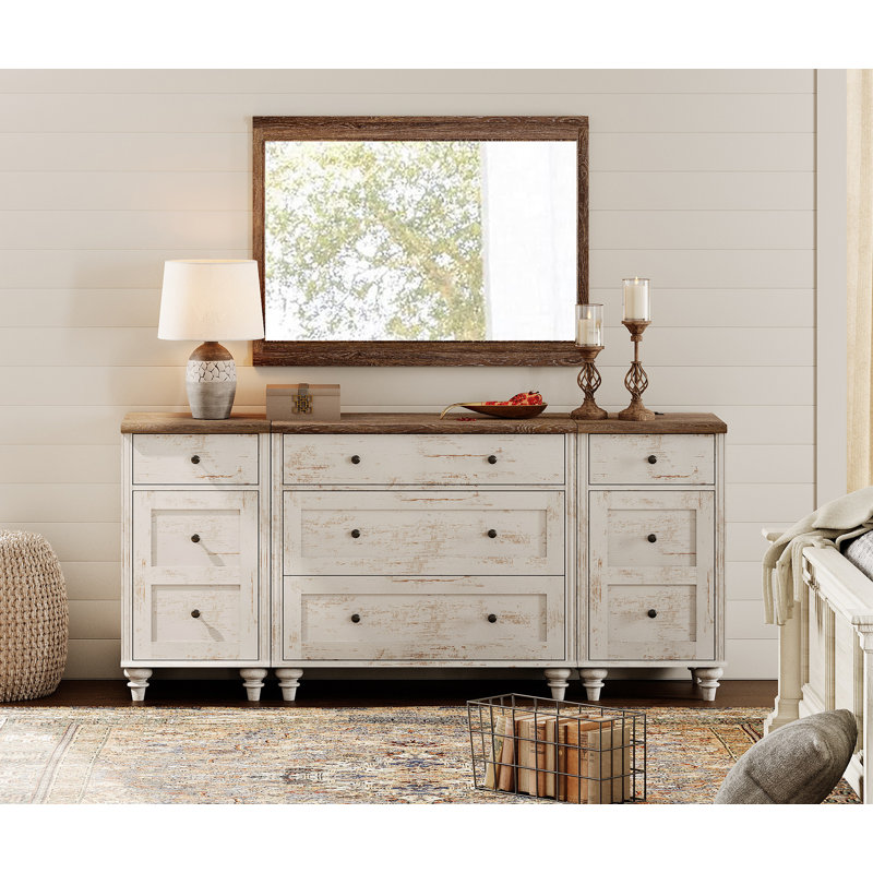 Commodes Corretta Mid Century Modern avec station de charge, commode pour chambre à coucher avec 5 tiroirs et 2 armoires de rangement
