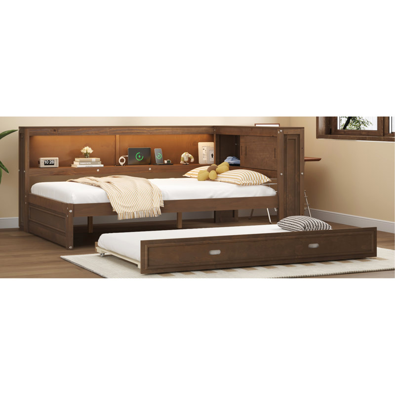 Lit de jour double avec rangement, DEL et lit gigogne - rangement en bois de style moderne avec option de lit élégant, Bois