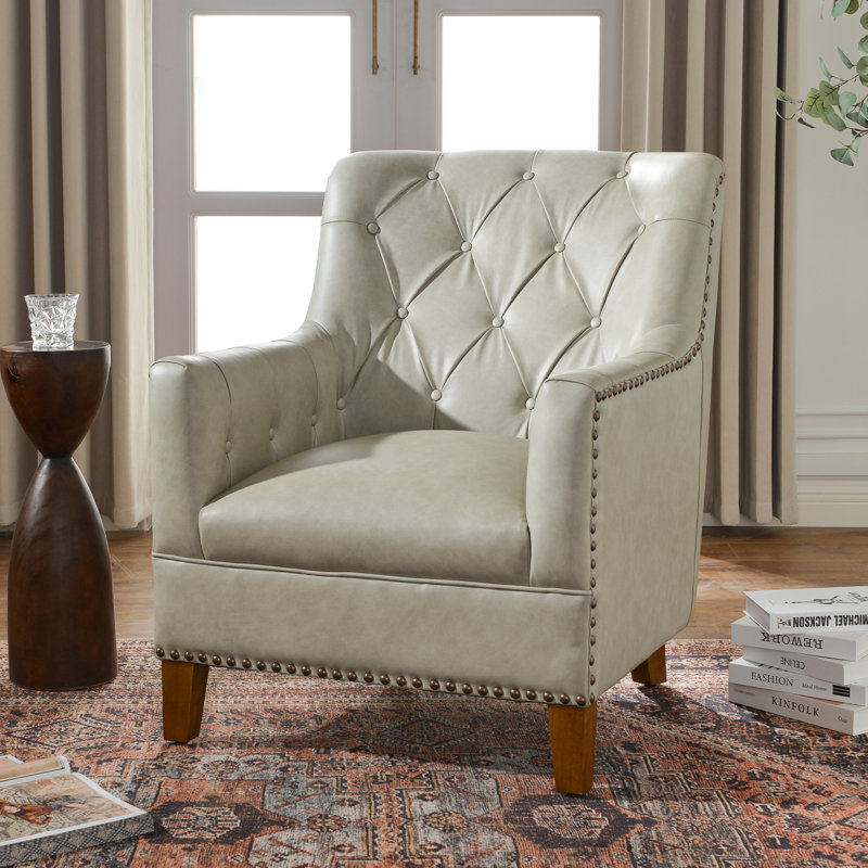 29.5'' W Top-Grain Genuine Leather Upholstered Armchair, Gray