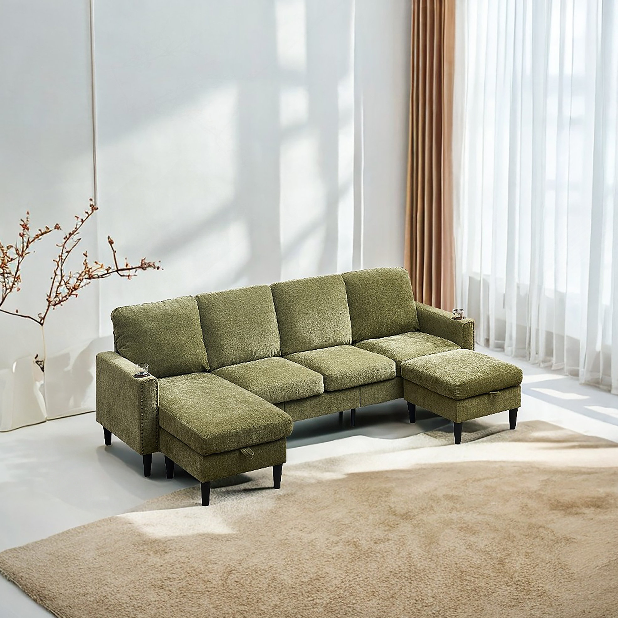Latitude Run® Off White Chenille Sectional Sofa, U Shaped Sofa Couch ...
