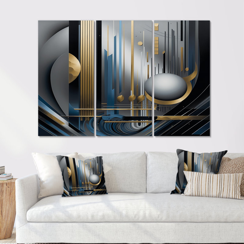 Minimal Tech Blue Silver Sphere - Ensemble de décorations murales géométriques, Toile tendue, H 40 po x l 60 po x P 1 po