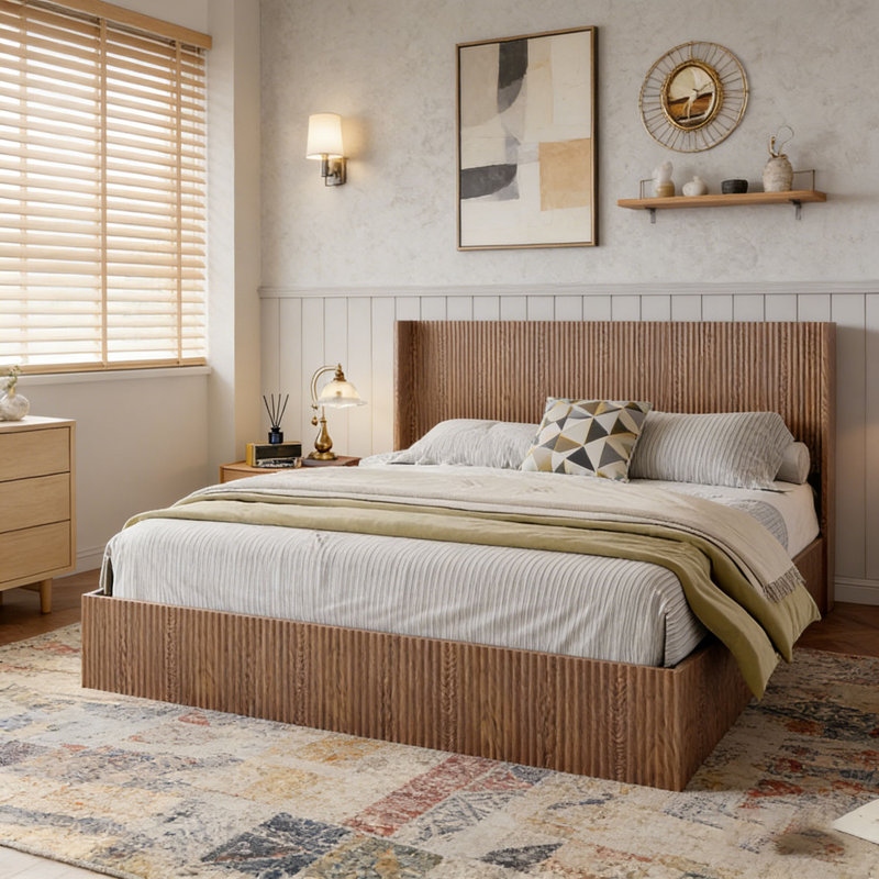 Base de lit plateforme en bois, Très grand lit, Natural Wood