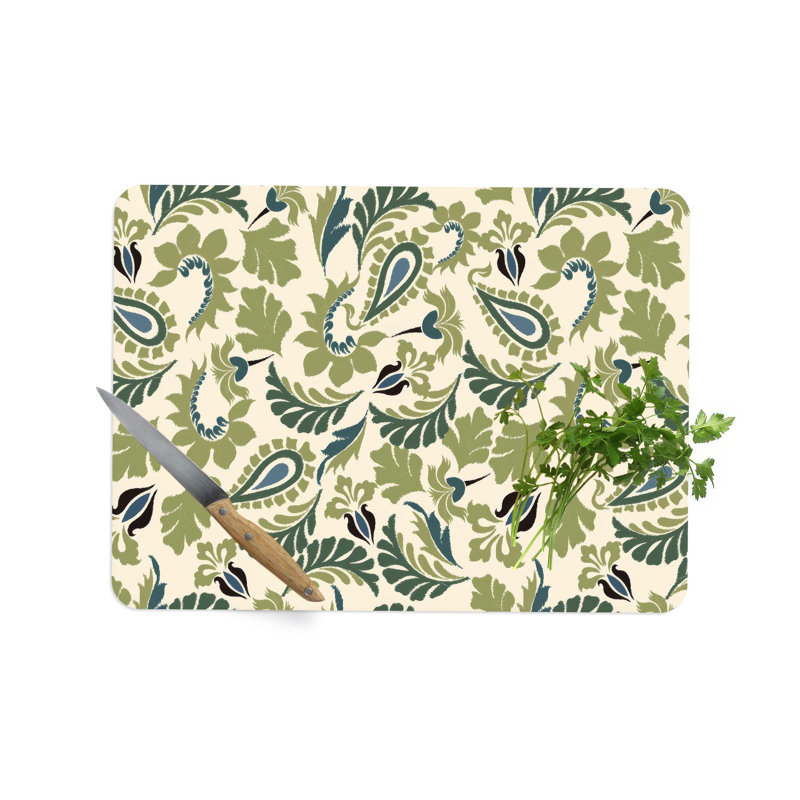 Green Leaf Pattern Glass Cutting Board Ideal for Serving and Chopping in the Kitchen, 7.9" x 11.8"