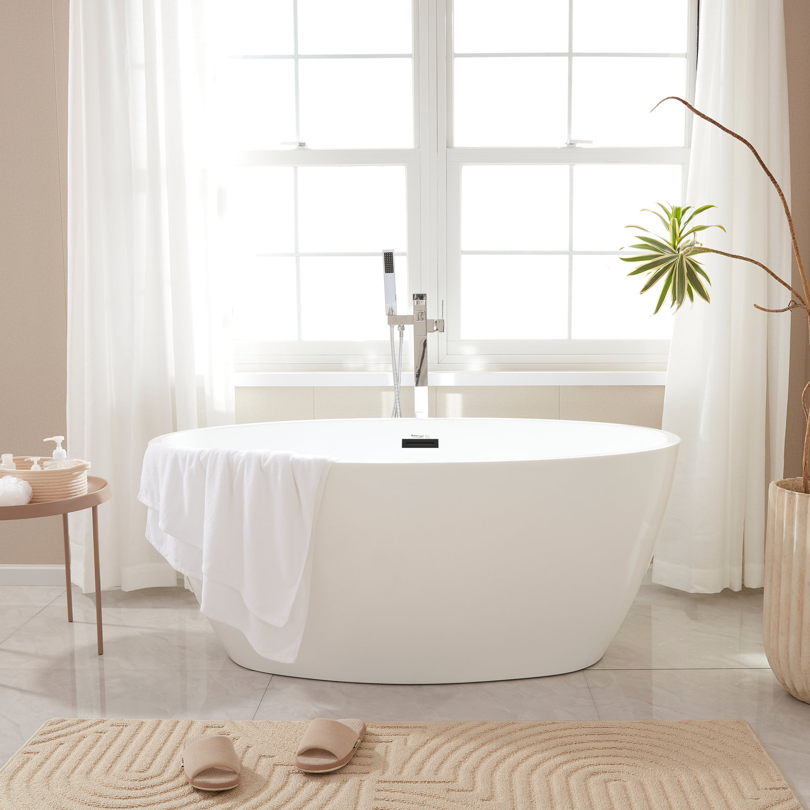 Sophia Freestanding Soaking Acrylic Bathtub, White/Matte Black, 22.8" H x 31.9" W x 55.1" L