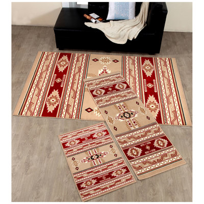 Ensemble de tapis rouge/beige 3 pièces native american Osceola