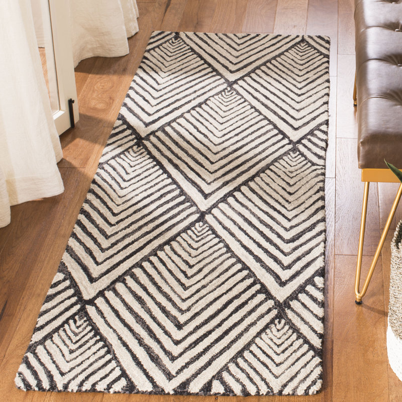 Tapis gris anthracite / ivoire en laine touffeté à la main Rossville, Tapis de couloir 2 pi 3 po x 7 pi