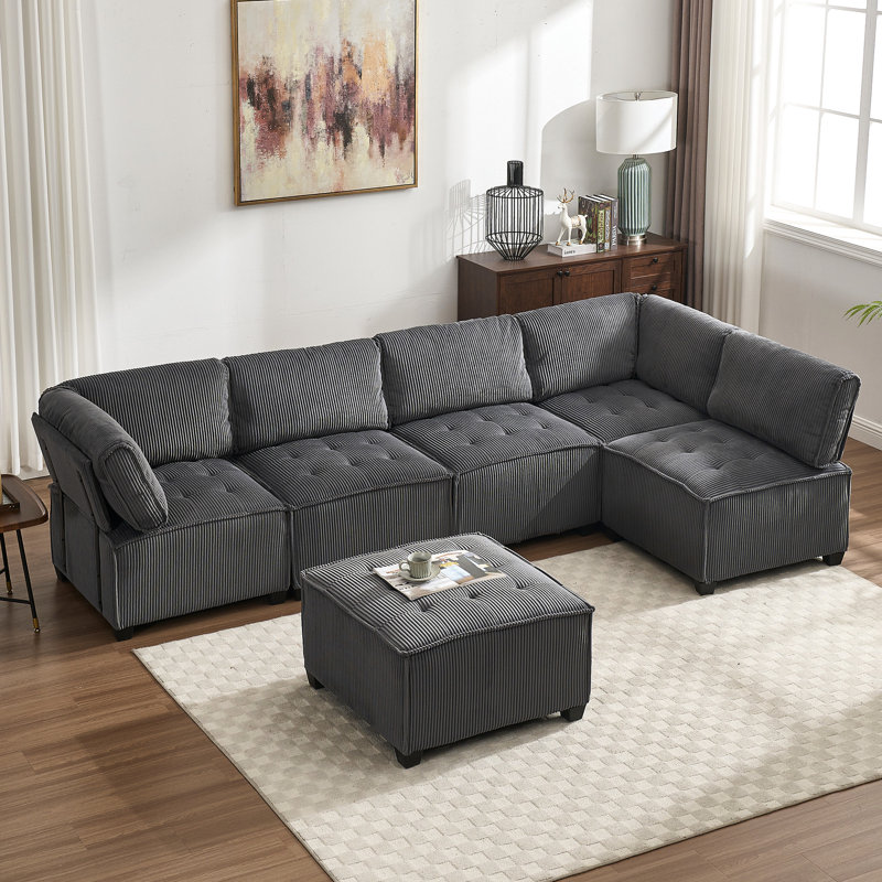 Canapé modulaire en U 6 pièces avec revêtement modulaire et velours côtelé modulaire Elegance, Allure, Dark Grey