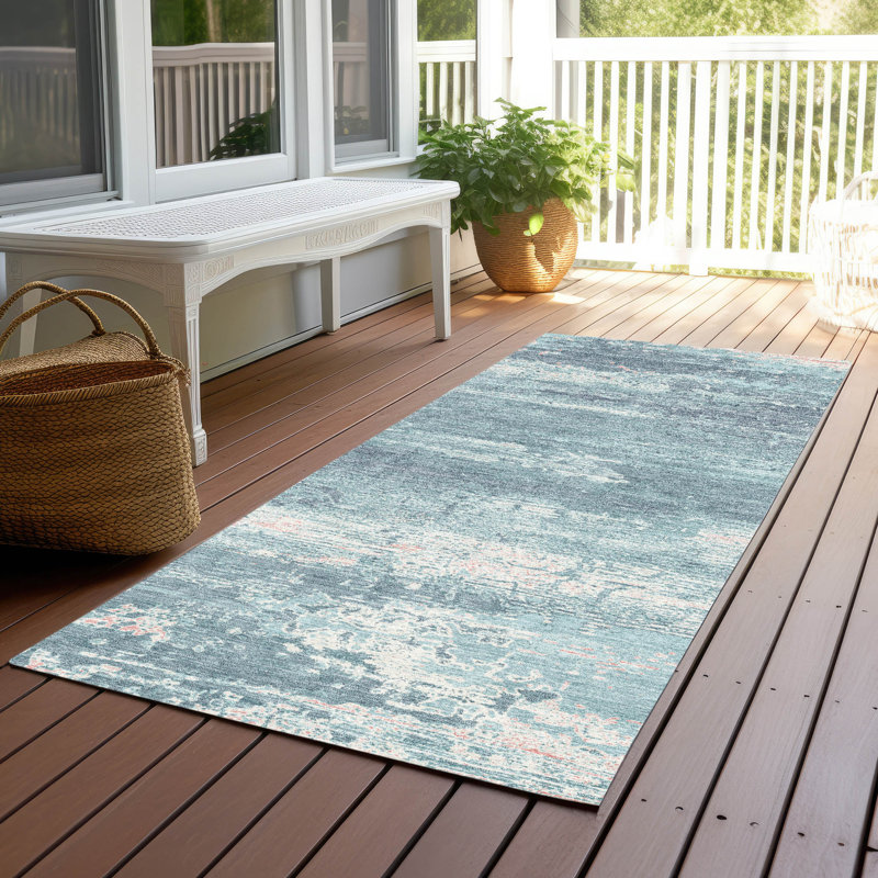 Tapis bleu sarcelle lavable à la machine intérieur / extérieur Xhevrie, Tapis de couloir 2 pi 3 po x 7 pi 6 po