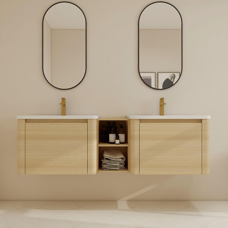 68" Wall-Mounted Double Bathroom Vanity Set With 2 Ceramic Sinks, Beige, 68"