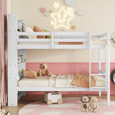 Twin Over Twin Bunk Bed With Storage Bookshelf Headboard, Wood Kids Bunk Beds Frame With Ladder And Safety Guardrails, Convertible To 2 Beds For Boys & Girls, No Box Spring Required, White