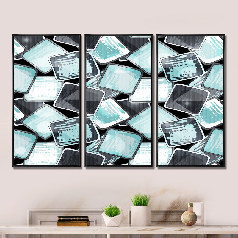 Carrés de graffiti turquoise et gris - 3 pièces, reproduction sur toile, Cadre noir, H 28 po x l 36 po x P 1 po