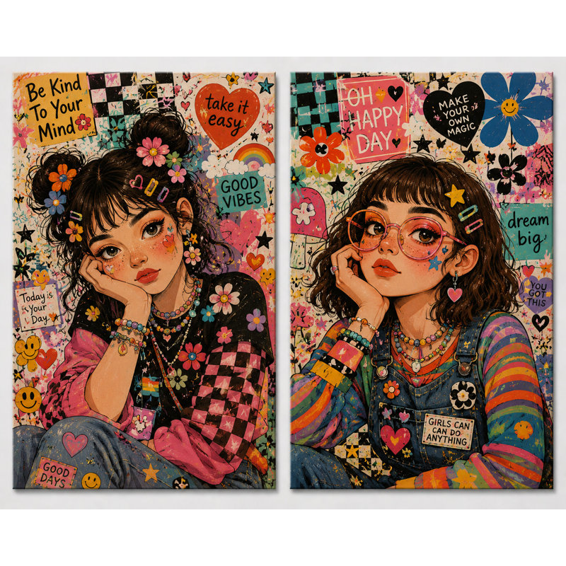 Grand ensemble de 2 impressions murales indie colorées sur toile, Good Good Vibes, impression sur toile tendance, impression sur toile 16 x 24 pouces - prête à être accrochée