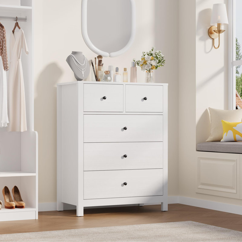 5 Drawer Modern Dresser with Metal Knobs, 37" Tall Wooden Storage Chest for Bedroom Hallway Entryway, White
