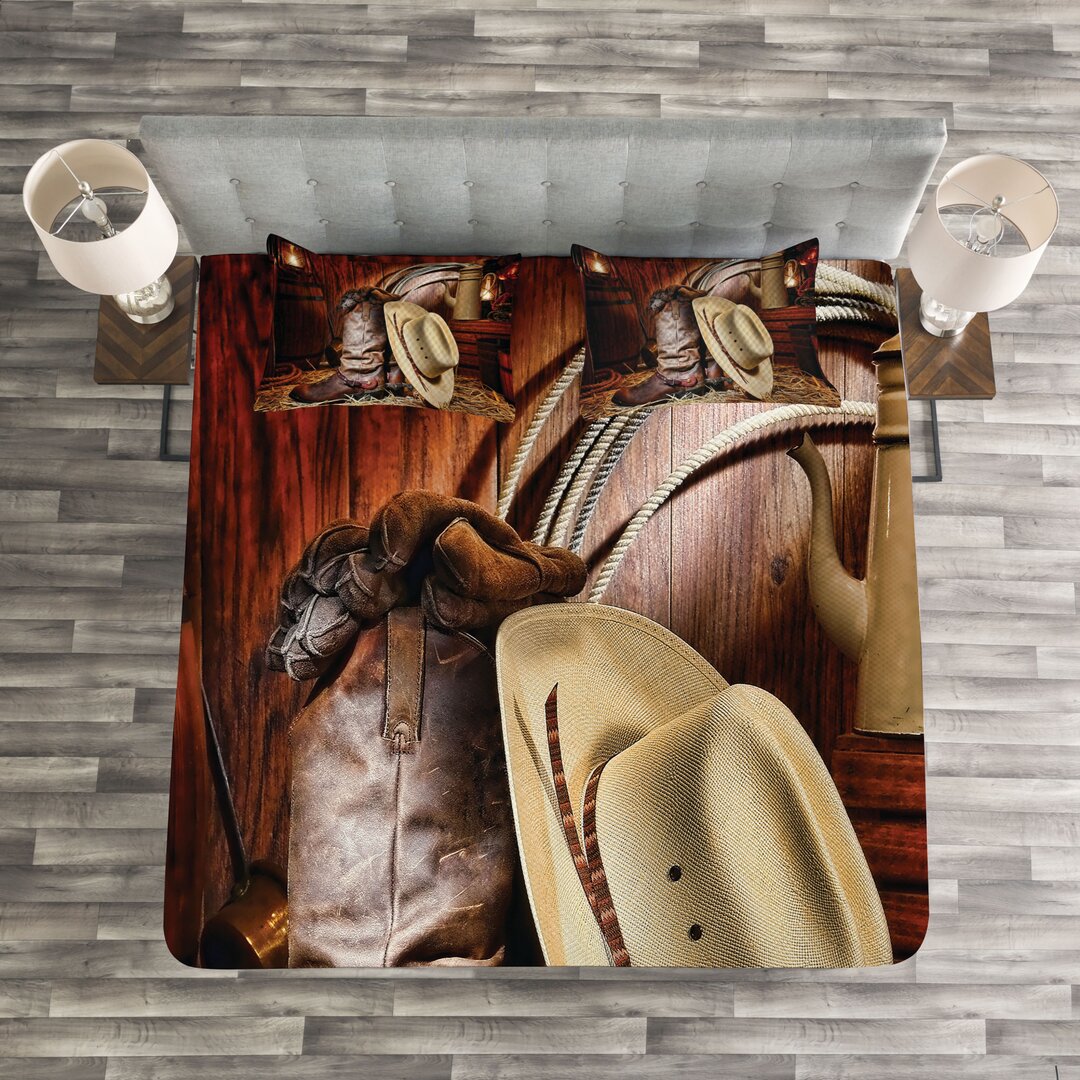 Gestepptes Bettdecken-Set, Amerika Retro Rodeo, Western, Beige Braun